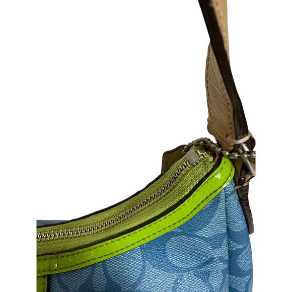 Coach Signature Stripe Shoulder Baguette Demi Bag Blue Lime Green F29942 - Picture 12 of 15